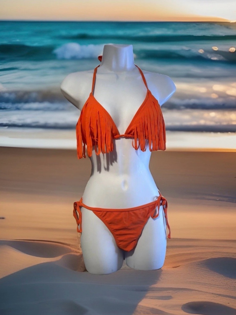 Capri Women's Orange Fringe Triangle Bikini Swim Set Sz M #200